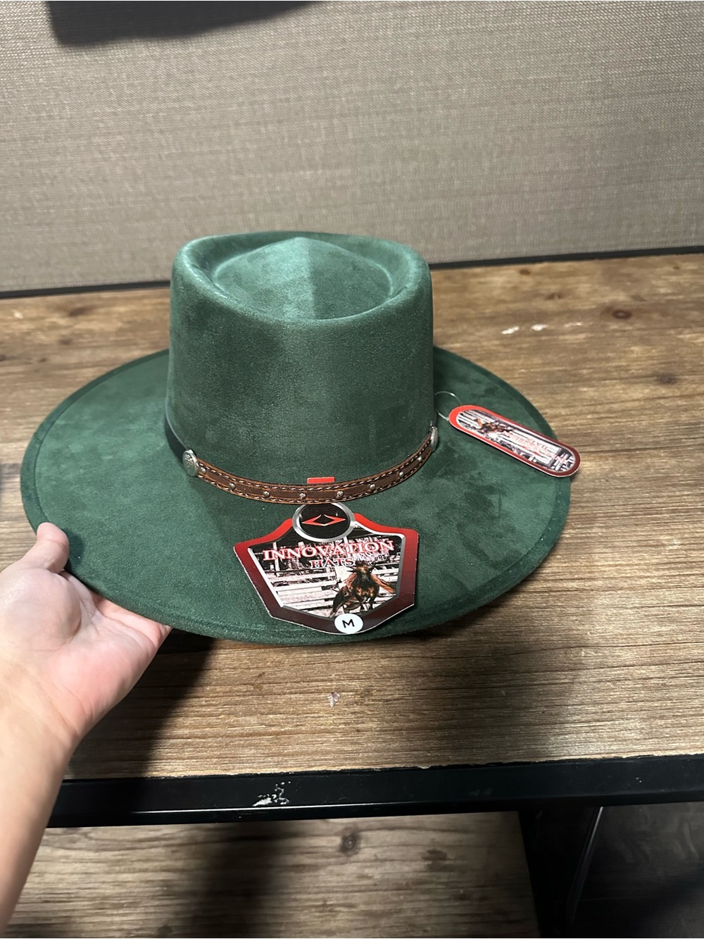 Green Suede Wide-Brim Hat with Braided Band -
